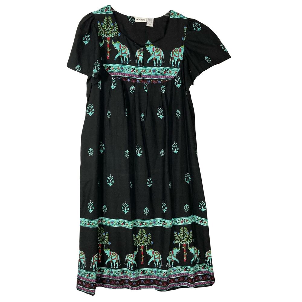 LOUNGEES Dress L Elephant Floral Black Green Pink Pocket Short-Sleeve Midi-Style